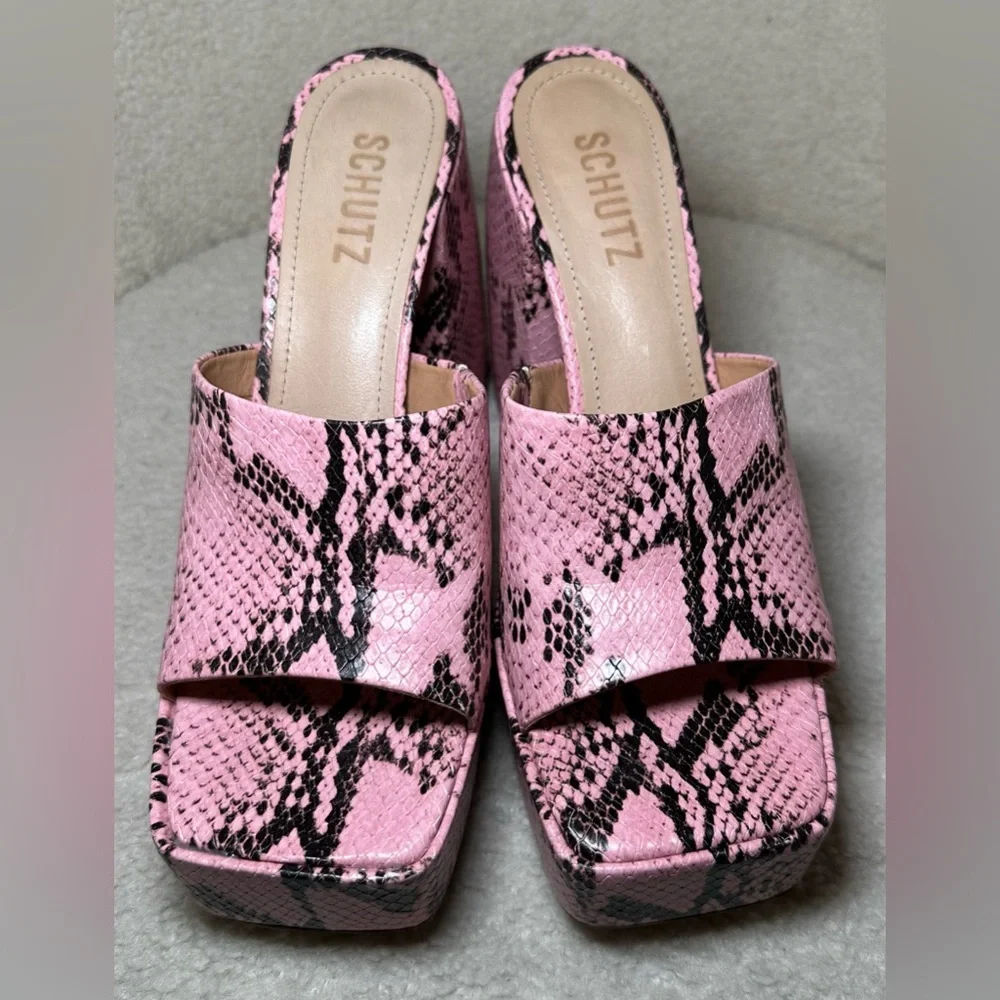 SCHUTZ Aretha snake print chunky stacked high heel platform pink black grey gray